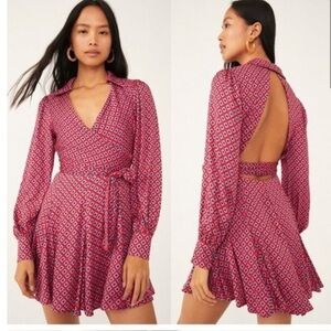 Free People New Small It Takes Two Blouson Sleeve Mini Dress Raspberry Geo Print